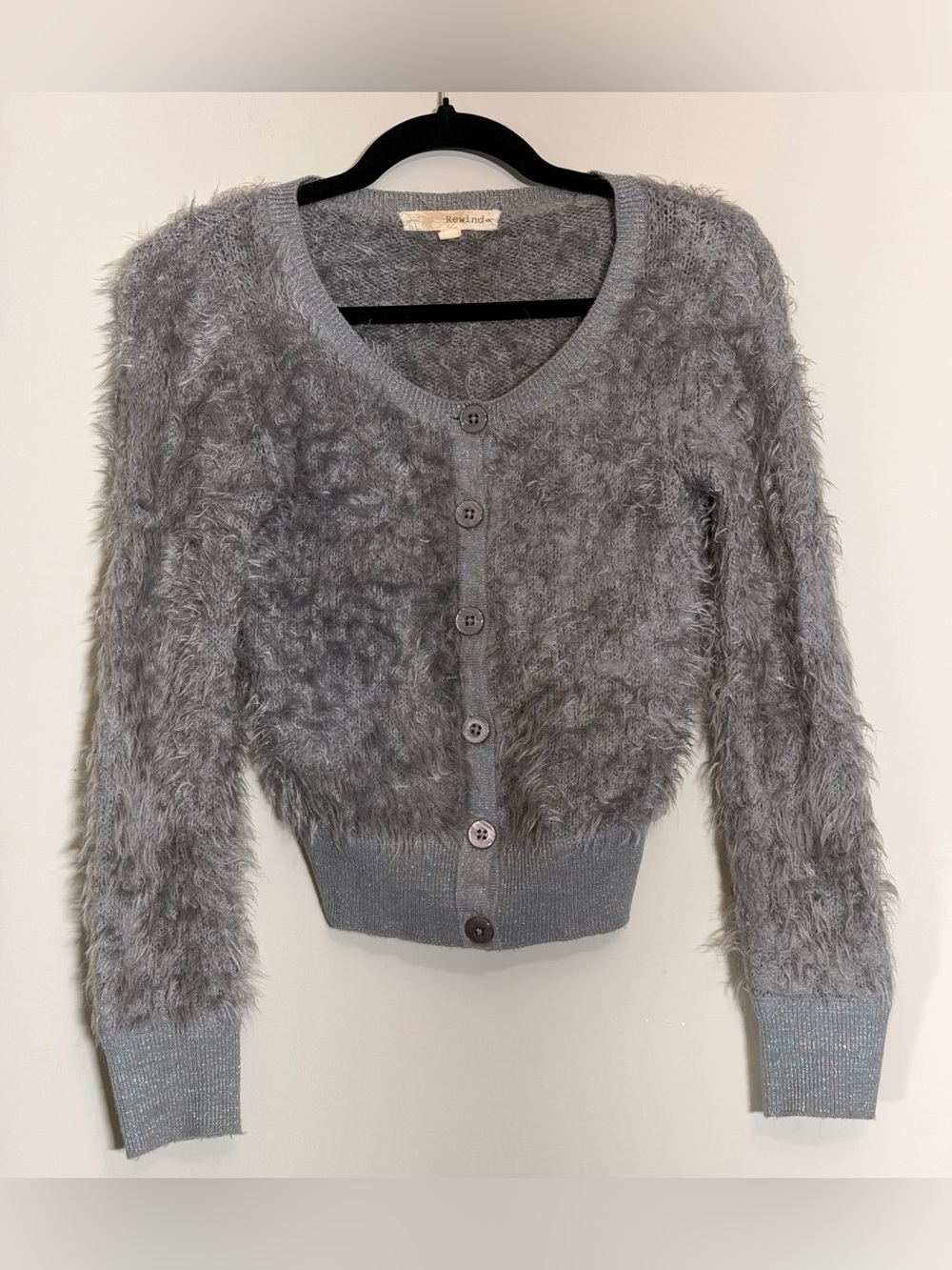 Rewind Gray Fuzzy Eyelash Knit Cropped Cardigan Sweater Size Small